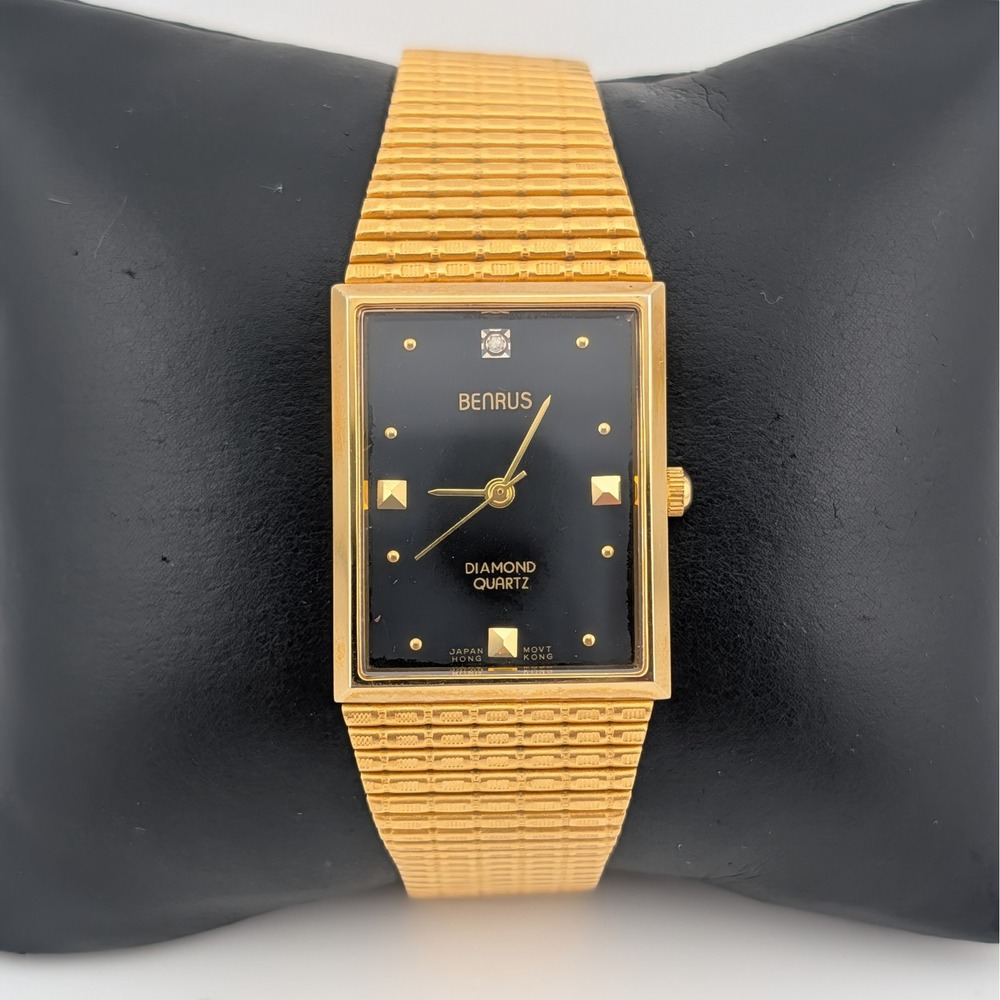 Vintage Benrus Diamond Quartz Rectangular Watch Black Dial Gold Tone Adjustable